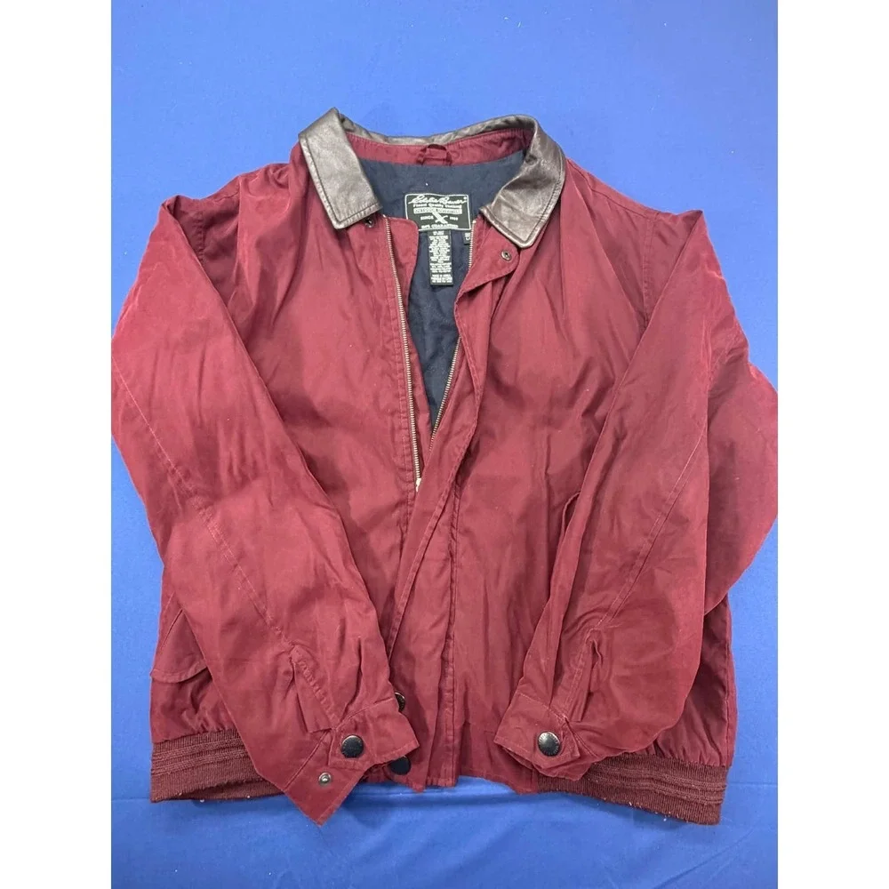 Vintage‎ Eddie Bauer Quilted Barn Jacket Acrylic Trim Leather Collar Red LG